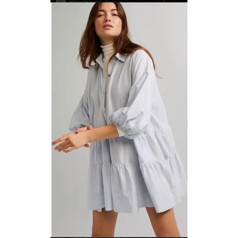 Free People Free-est Misha Blue Cotton Mini Dress L Tiered Puff Sleeve Boho